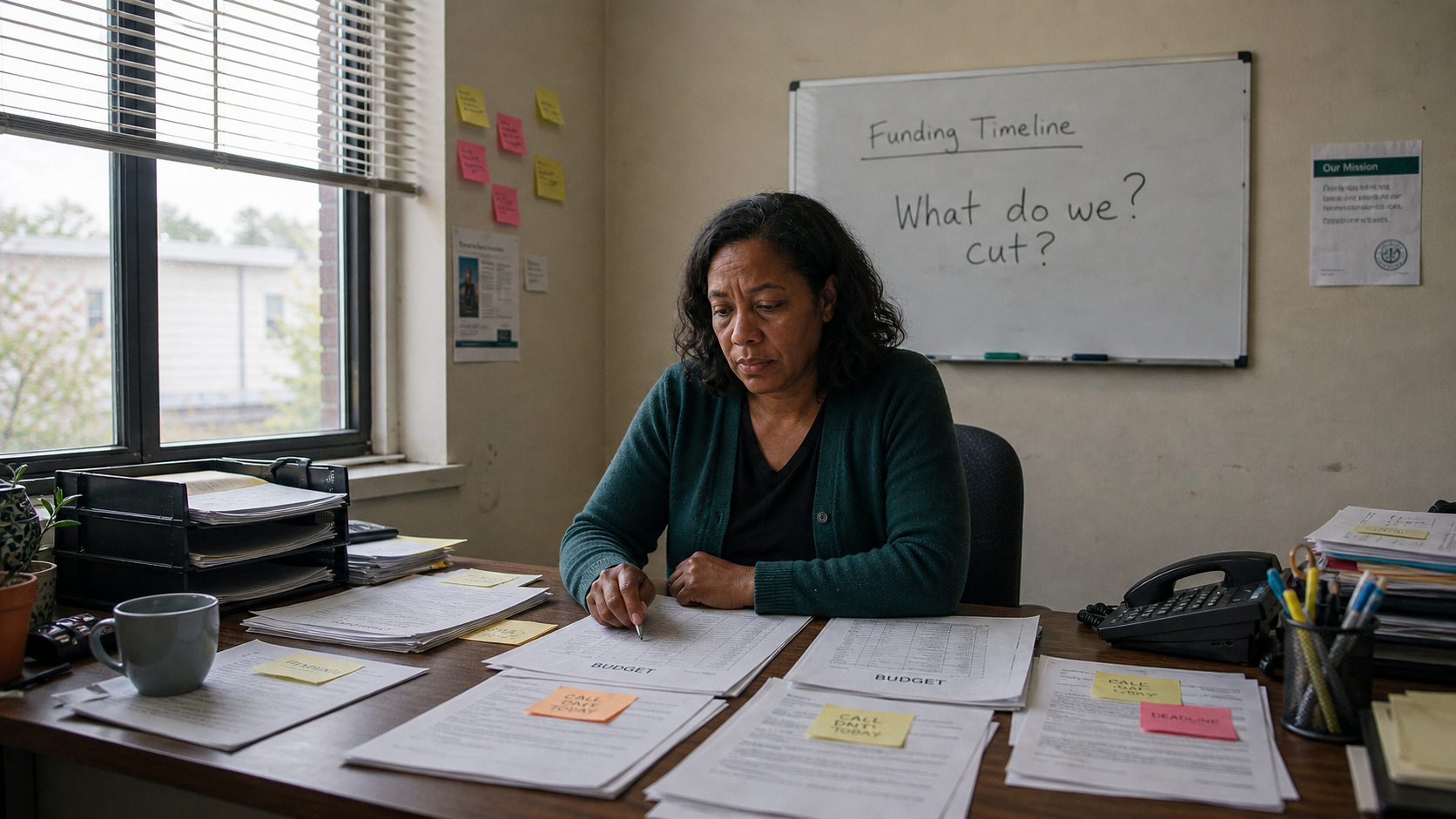 Women sits at office desk with "funding timeline, what do we cut?" written on the board on the wall