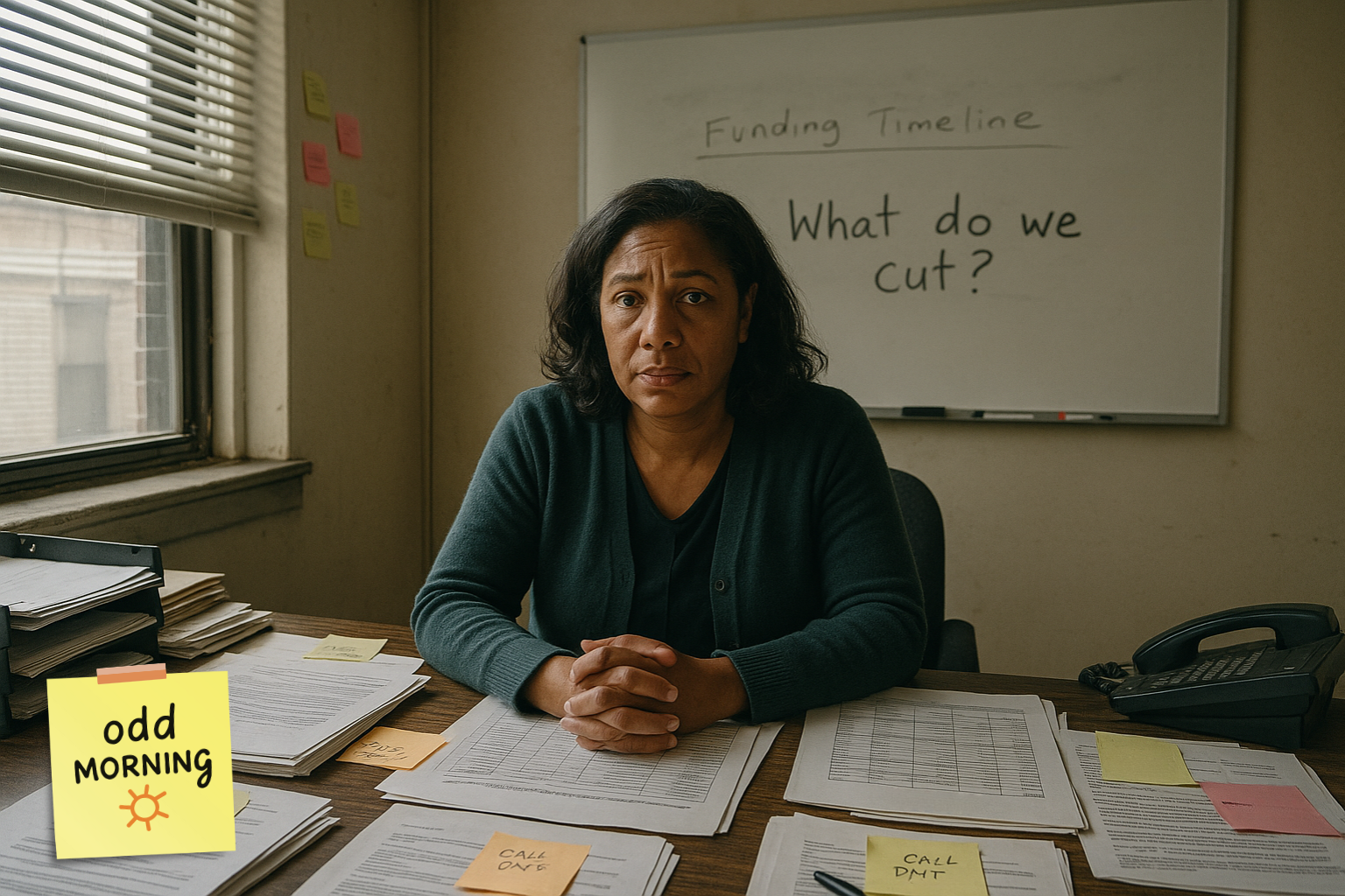 Women sits at office desk with "funding timeline, what do we cut?" written on the board on the wall
