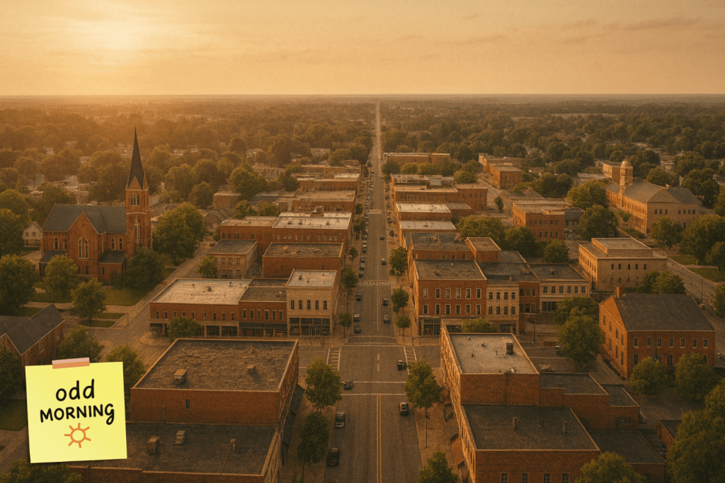 Generic aerial city view. AI generated. With Odd Morning logo.